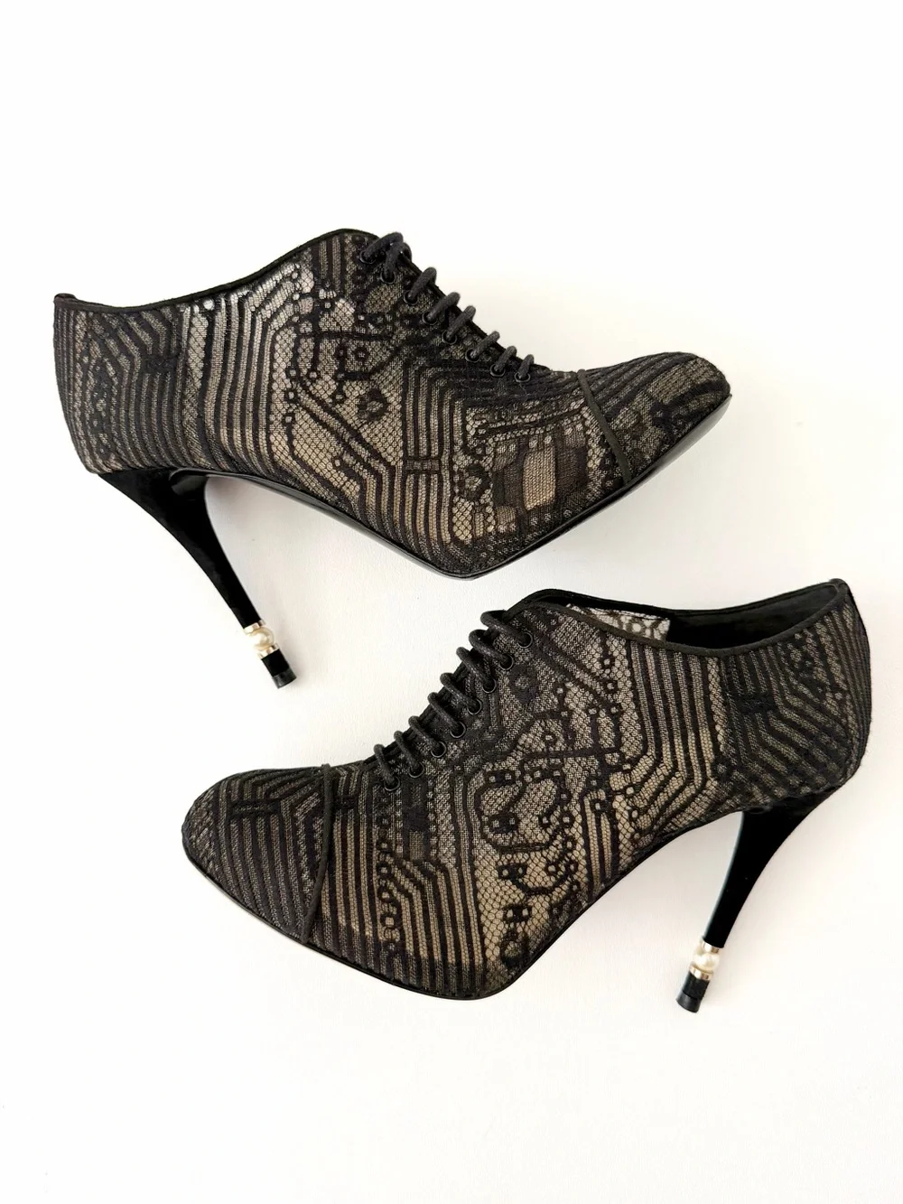 CHANEL | CC Logo Black Lace Up Booties Pearl Stiletto EU 39
